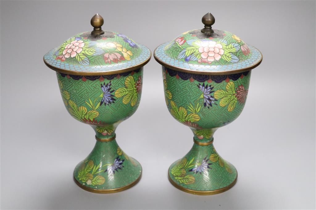 A pair of cloisonne enamel lidded cups, 22cm incl. covers